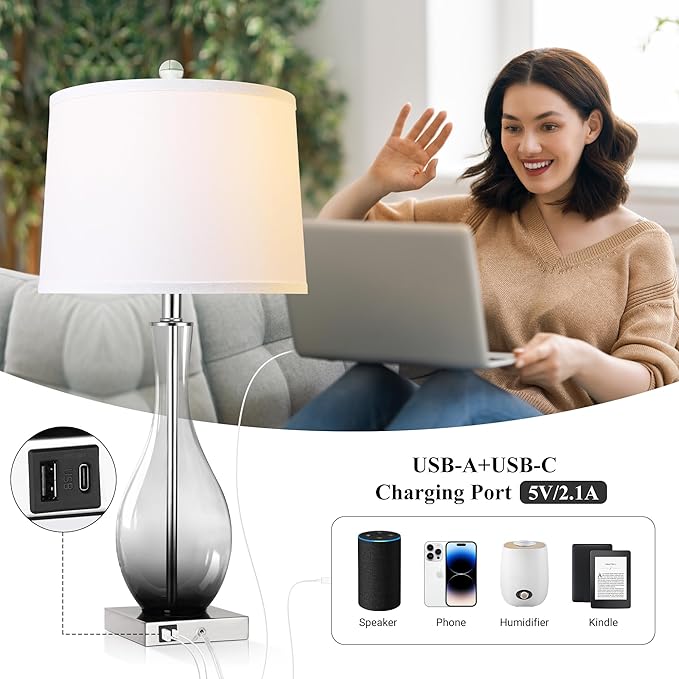 Table Lamps Set of 2 with Touch Control, 3-Way Dimmable Modern Glass table lamp for Living Room with USB C and A Charging Ports， 27" Bedside Desk Lamps for Nightstand Decorations(LED Bulbs Included) - Bloomnest