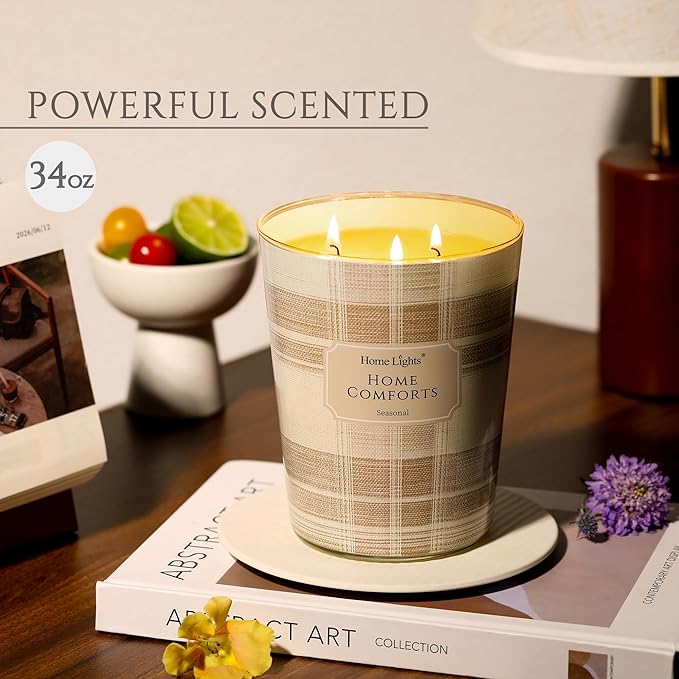 HomeLights Home Comforts Scented Candles | 34oz Soy Candles Rustic Modern 3-Wick Large Candle Jars | Ideal Candle Gifts for Events, Home Decor Stress, Relief & Relaxation - Bloomnest