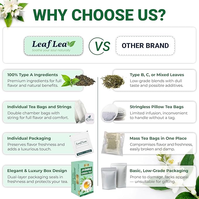 LeafLea 80 Jasmine Green Tea Bags, Green Tea with Natural Jasmine Aroma, Light Focus & Daily Balance, Delicate Floral and Smooth Taste, Caffeinated, Sugar-Free, Non-GMO, Vegan, Individually Wrapped - Bloomnest