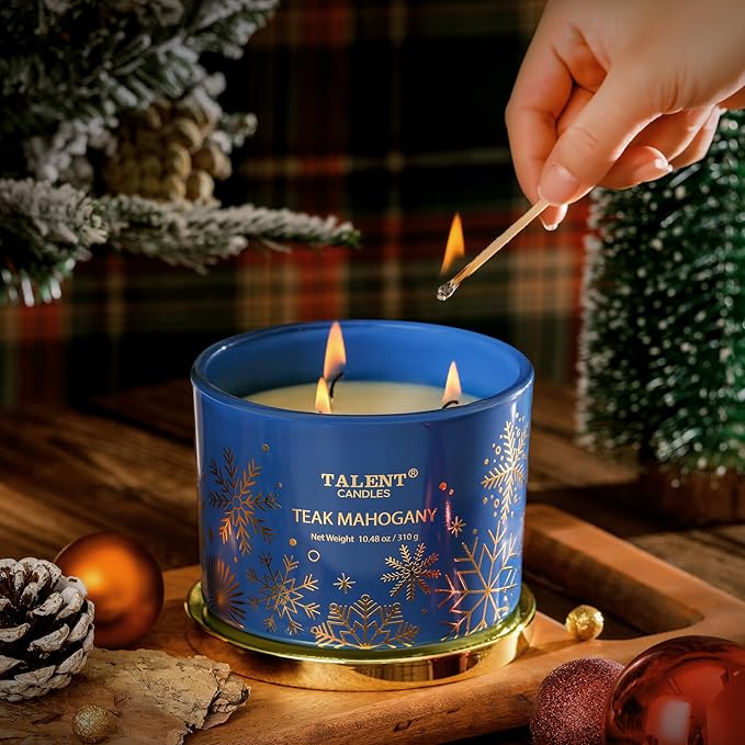 Christmas Candles, Large 3 Wick Jar Candles, Christmas Scented Candles Gifts for Women, Christmas Gift Ideas with Soy Wax Candles, Teak Mahogany - Bloomnest