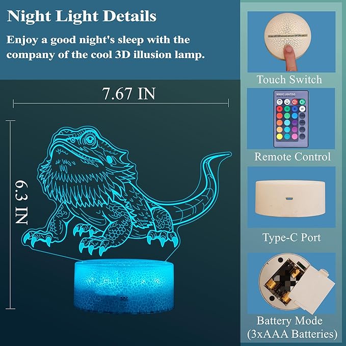 Bearded Dragon Gift, Bearded Dragons Night Light with Remote Control, 16 Colors Changing, RGB Flashing Mode, Dimmable, Great Bearded Dragon Tank Accessory and Decor - Bloomnest