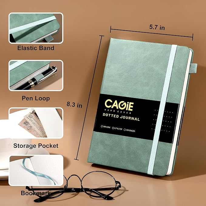 CAGIE Bullet Dotted Journal Notebook 320 Pages 100 GSM Paper Hardcover A5 Dot Grid Notebook Leather Journals for Writing Women Men Work Journaling, Green - Bloomnest