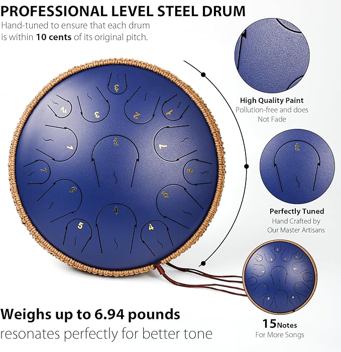 Steel Tongue Drum - 14 Inch 15 Note Tongue Drum - Hand Pan Drum with Music Book, Handpan Musical Instrument Mallets and Carry Bag, C Major, Deep Blue - Bloomnest