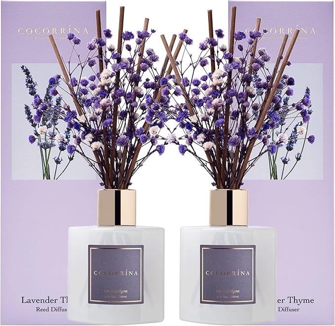 Cocorrína Premium Reed Diffuser Set with Preserved Baby's Breath & Cotton Stick Lavender Thyme 2 Packs, 6.7oz Scent Fragrance Oil Diffuser for Bedroom Bathroom Home Décor - Bloomnest