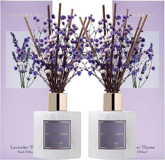 Cocorrína Premium Reed Diffuser Set with Preserved Baby's Breath & Cotton Stick Lavender Thyme 2 Packs, 6.7oz Scent Fragrance Oil Diffuser for Bedroom Bathroom Home Décor - Bloomnest