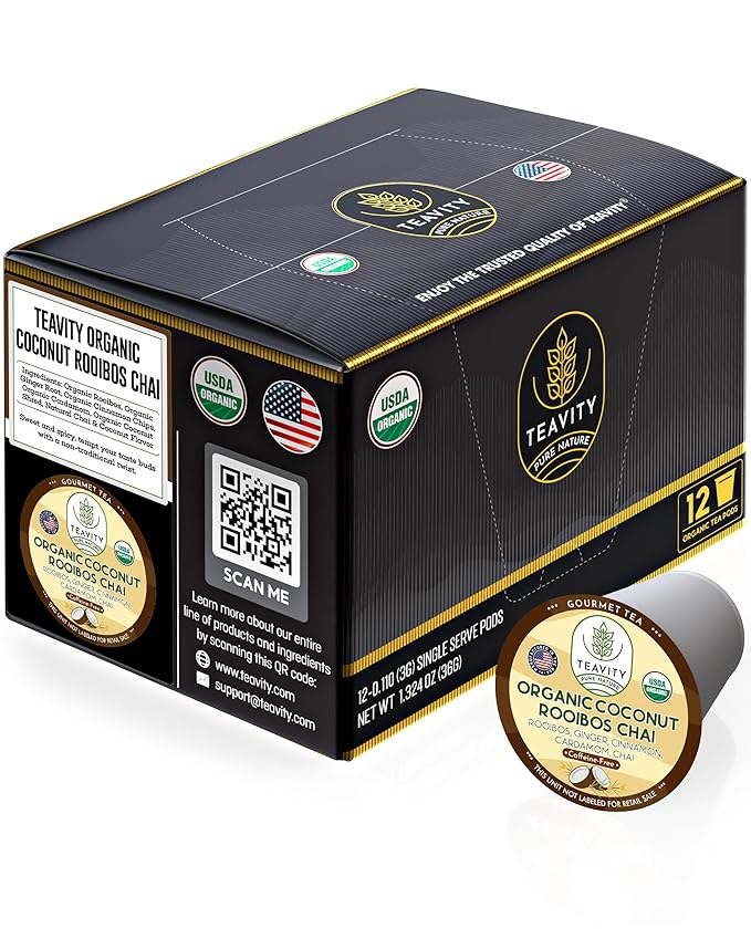 Coconut Rooibos Chai Tea Pods for Keurig - Organic Ginger Tea, Rooibos, Cinnamon, Cardamom, Coconut & Chai by Teavity (12 Tea Pods) - Bloomnest