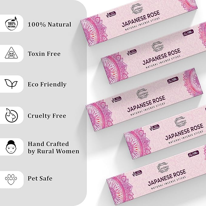 Raajsee Japanese Rose Incense Sticks (180 gm), 100% Pure Organic Natural Hand Rolled Free from Chemicals- Perfect for Aromatherapy, Cleansing, Meditation, and Church (Pack of 12) - Bloomnest