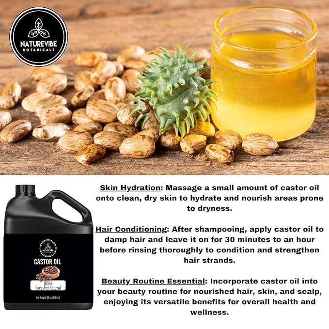 Naturevibe Botanicals Castor Oil 32 Ounces | 100% Pure and Natural | Great for Skin Care and Hair Care | Hexane Free Unrefined Oil for Enhanced Eyebrows and Eyelashes 32 Fl Oz | 946ml - Bloomnest
