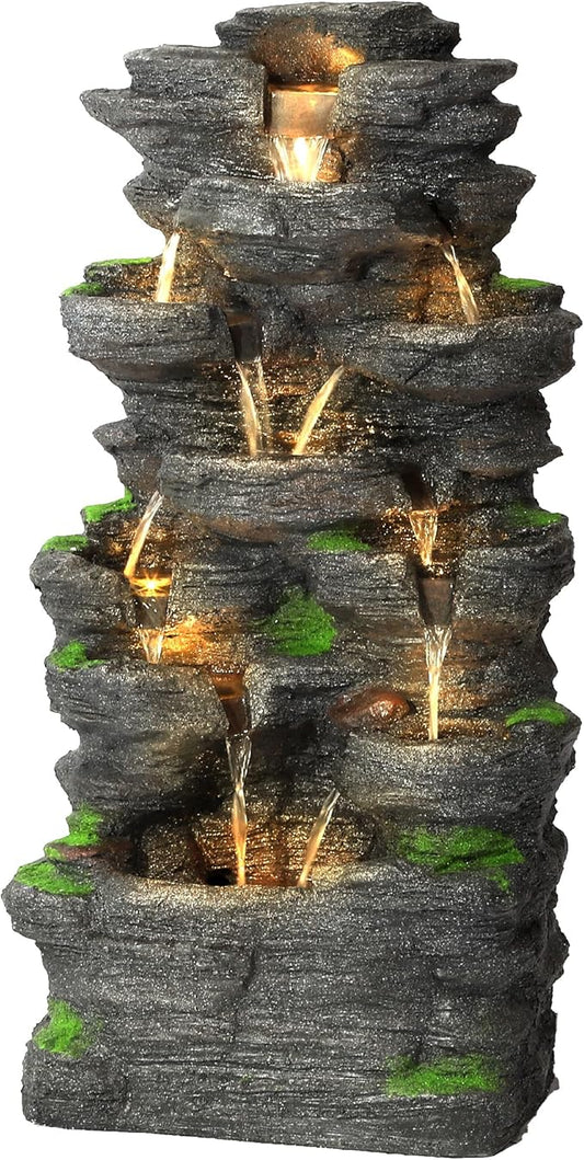 40''H Outdoor Water Fountain - Garden Rock Waterfall Fountains, Outdoor/Indoor Floor Standing Resin Water Fountain with 10 LED Light for Patio, Garden and Backyard, Deck, Porch, Home - Bloomnest
