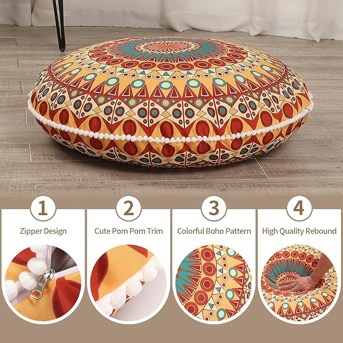 32 inches Meditation Floor Cushion for Adults, Round Large Thick Floor Pillow, Memory Foam Filling, Orange