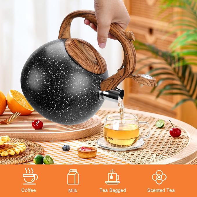GGC Tea Kettle for Stove Top, Loud Whistling Kettle for Boiling Water Coffee or Milk, 3.1 Quart Heavy Stainless Steel Starry Black Kettle with Wood Pattern Handle, Unique Button Control Kettle Outlet - Bloomnest