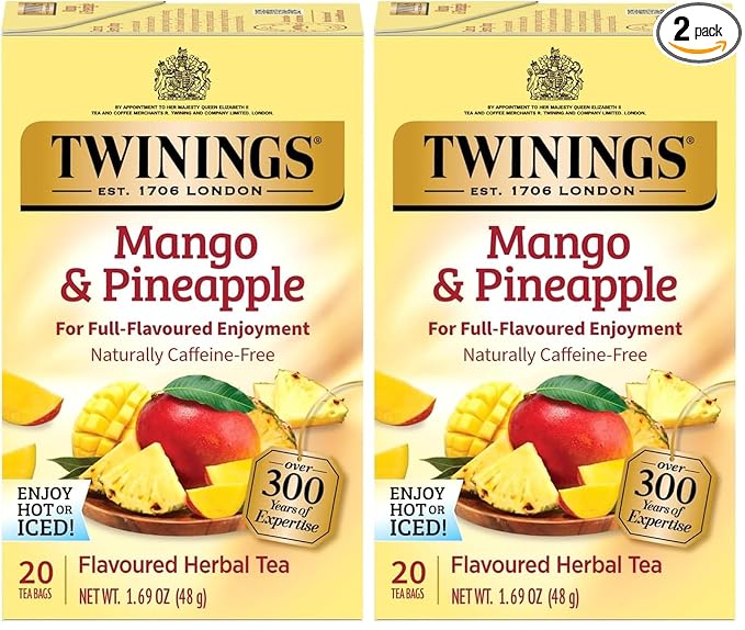 Twinings Mango & Pineapple Herbal Tea Individually Wrapped Bags, 20 Count (Pack of 2), Naturally Caffeine-Free, Enjoy Hot or Iced, 20 Teabags - Bloomnest