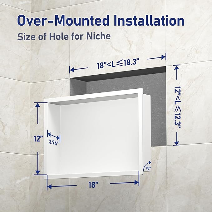Stainless Steel Shower Niche 18" X 12" White No Tile Needed Niche Shower for Bathroom Storage Recessed Wall Shelf Over Mount Installation - Bloomnest