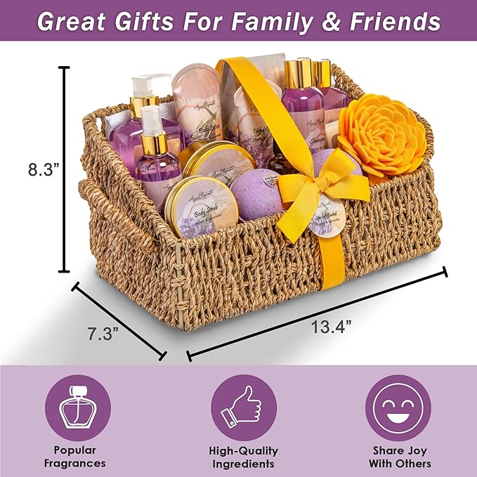 Bath Spa Gift Sets - Luxury Basket With Honey & Lavender - Spa Kit Includes Wash, Bubble Bath, Lotion, Bath Salts, Body Scrub, Body Spray, Shower Puff, Bathbombs, Soap and Towel - Bloomnest