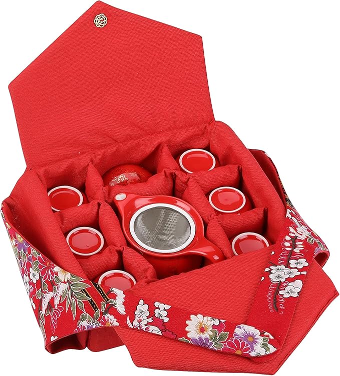 I-MART Chinese Tea Set, Red Ceramic Chinese Wedding Tea Set, Asian Traditional Tea Set with 1 Tea Pot. 6 Tea Cups and 1 Gift Box - Bloomnest