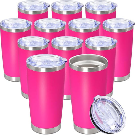20oz Tumbler Bulk Stainless Steel Tumbler Cup with Lid Vacuum Insulated Double Wall Travel Mug, Durable Powder Coated Travel Coffee Tumbler Mug for Hot & Cold Drinks, Hot Pink,12 Pack
