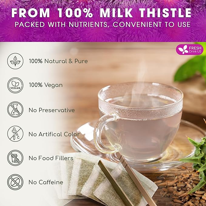 FreshDrinkUS, Premium 30 Milk Thistle Tea Bags, 100% Natural & Pure from Milk Thistle Seeds. Milk Thistle Seed Herbal Tea. Made with Natural Material Tea Bags. No Sugar, No Caffeine, No Gluten, Vegan. - Bloomnest