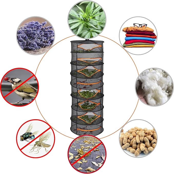 Desy & Feeci Herb Drying Rack-2ft Diameter 8 Layer Folding Mesh Hanging Basket Dryer Net with Zippers for Seeds Flowers Buds Plants Garden Outdoor Bumper Harvest(D24xH31 inch) - Bloomnest