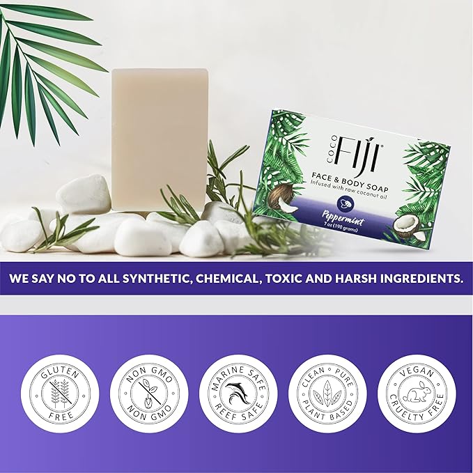 "Coco Fiji Soap Bar for Face and Body Infused With Organic Coconut Oil, Peppermint, Essential Oil, Natural Soap for Moisturizing & Pore Purifying Skin, 7 oz, Pack Of 3 "