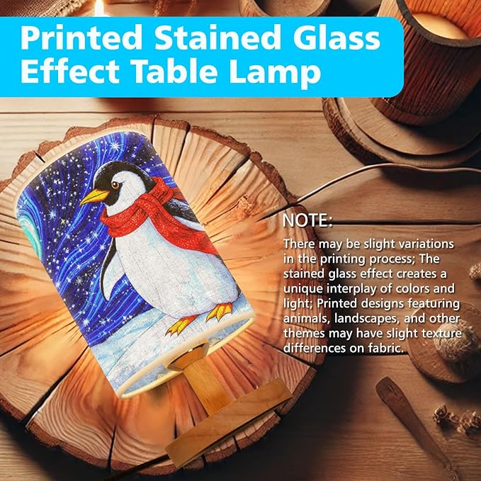 Penguin Table Lamp LED 3-Color Pressed Bedside for Merry Christmas, Penguin Shade Christmas Table Lamp with Wood Base for Bedroom Living Room Desk Office - Bloomnest