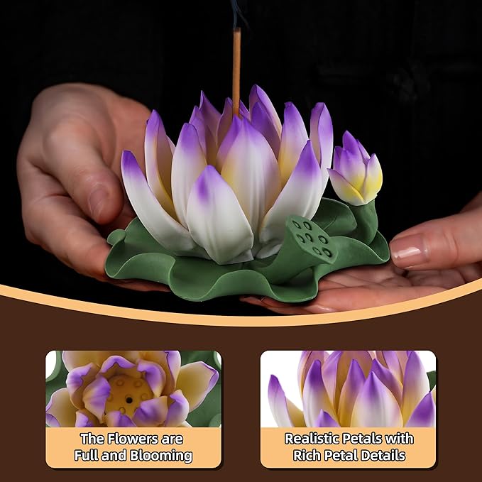 Lotus Incense Burner - Incense Burner Holder for Home Incense Holder Decor Incense Holder for Sticks Yoga, SPA (Z1-Purple Yellow) - Bloomnest