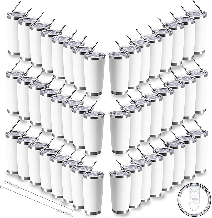 20oz insulted tumblers stainless steel cup Tumbler Bulk with push Lid, and metal straw powder coated coffee cup for cold and hot drinking (48, white) - Bloomnest