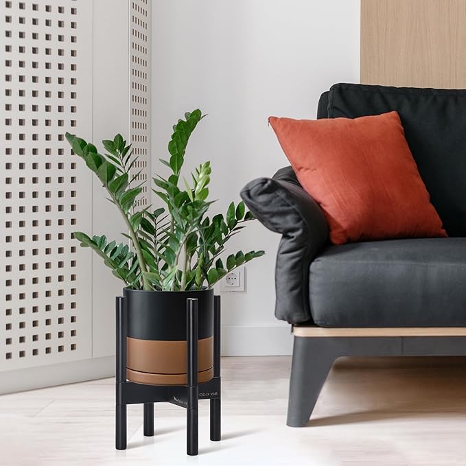 D'vine Dev Ceramic Planter with Ebony Stand - 8 Inch Modern Round Flower Pot with Wood Planter Holder, Black/Speckled Tan, 55-B-M-7 - Bloomnest