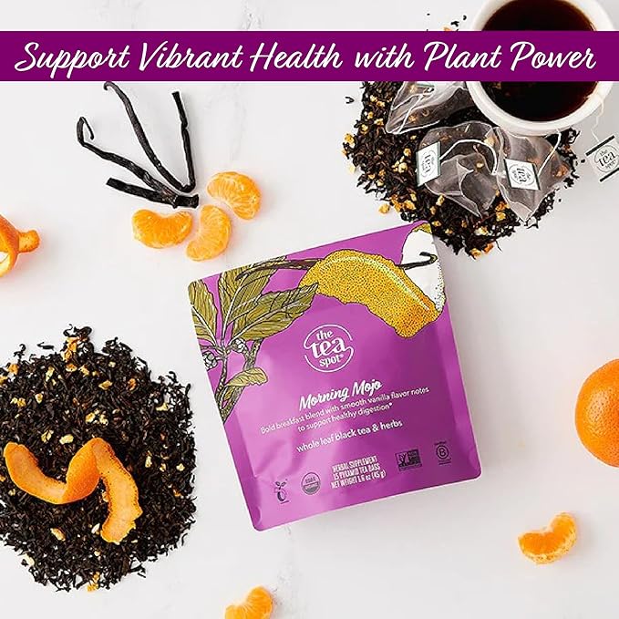 The Tea Spot Organic Morning Mojo Black Tea with Vanilla and Citrus for Energy | Breakfast Blend of Pu'erh Tea, Black Tea, Orange Peel and Vanilla Flavor | 15 Tea Bags - Bloomnest
