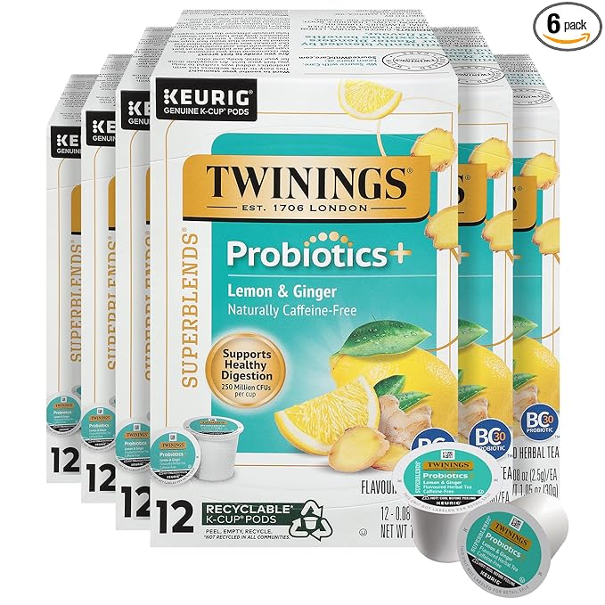 Twinings Probiotics+ Lemon & Ginger Herbal Tea 72 K-Cup Pods for Keurig, 12 Count (Pack of 6), Supports Digestive Health, Naturally Caffeine-Free, Enjoy Hot or Iced - Bloomnest
