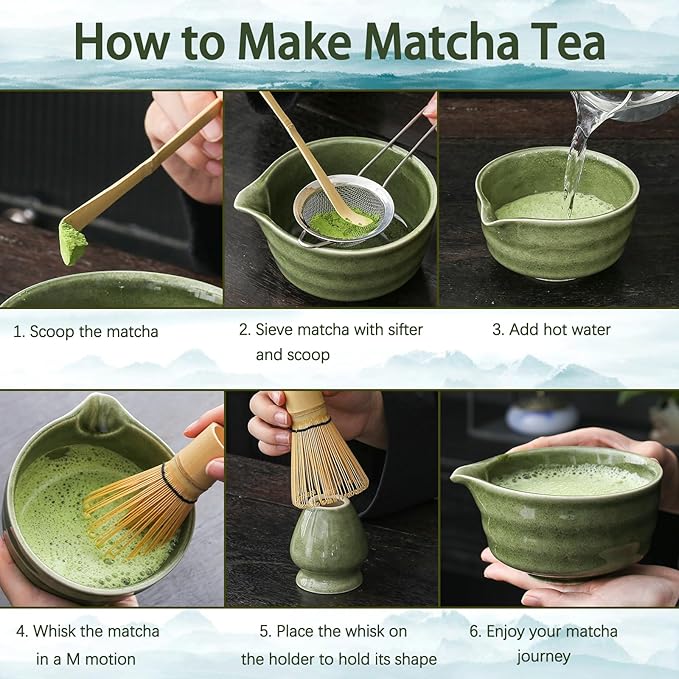 Matcha Set, Matcha Bowl with Spout, Matcha Whisk and Holder, Bamboo matcha Scoop and Stainless Sifter - 5 Pcs Jade Green Matcha Set Kit for Matcha Lover - Bloomnest