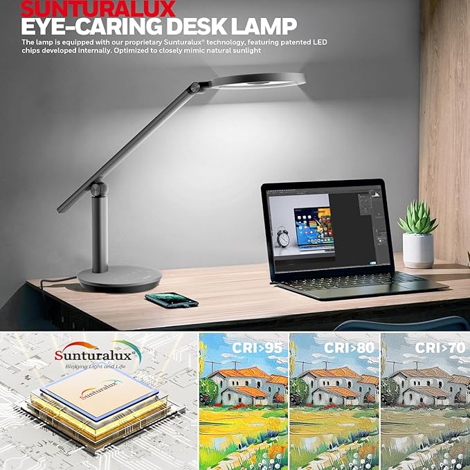 Honeywell Desk Lamp for Home Office, H6 Sunturalux™ Eye-Caring Led Desk Light, 800LM Dimmable Desk Lamp with Timer, Touch Control Tall Desk Reading Light, Table Lamp for Circle Webcam, Study, Bedroom - Bloomnest