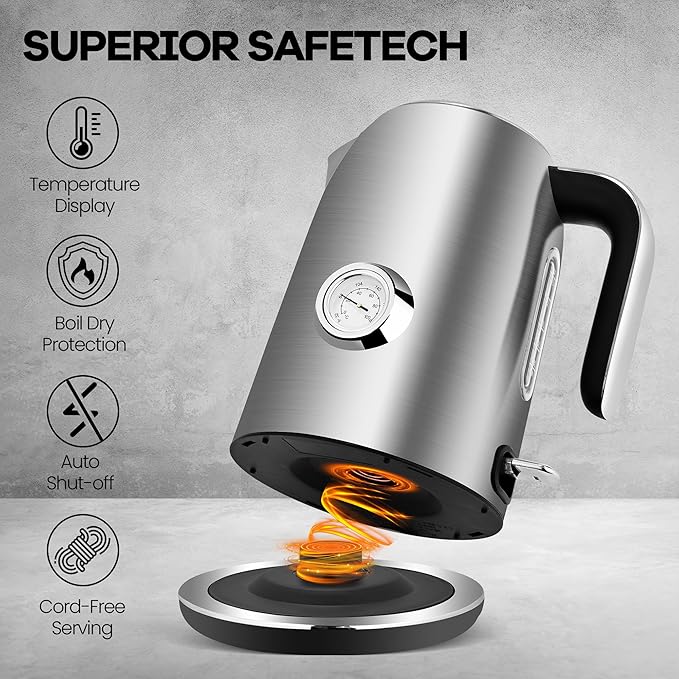 Pukomc Electric Kettle,1.7L Stainless Steel Electric tea kettle with Temperature Gauge, Fast Boiling, Auto Shut - off, BPA - Free, Boil - Dry Protection, (Silver) - Bloomnest