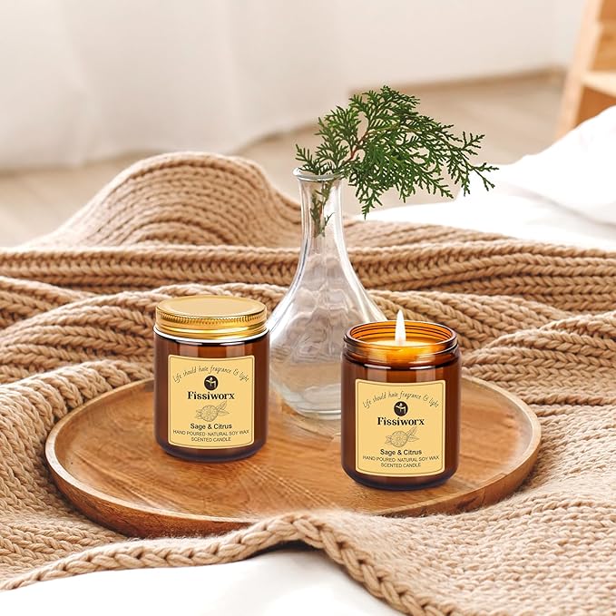 Sage & Citrus Scented Candle Set 2 Pack – Natural Soy Wax Hand-Poured – 60 Hour Long Lasting Burn – Relax and Relieve Stress – Premium Aromatherapy Candle for Home Decor, Gifts - Bloomnest