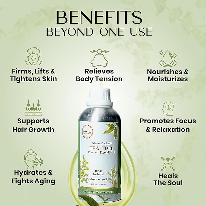My Ace Tea Tree Essential Oil – 100% Pure & Natural, Premium Therapeutic Grade Oil for Face, Skin, Hair, Scalp, Diffuser & Aromatherapy – 16 fl oz with Dropper MyAce