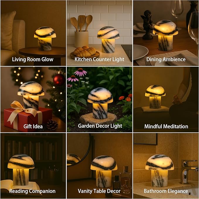 Handcrafted Natural Stone Mushroom Lamp - Rechargeable Bedside LED Night Light with Type-C Port, Unique Marble Table Lamp for Modern Interiors - Bloomnest