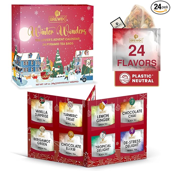 BREWIX, 2025 Advent Calendar Tea Bags | 24 Delightful Black & Green Tea Infusions in Pyramid Tea Bags - Holiday Gift Box | Christmas Gift Idea for Tea Lovers, Countdown Set | Holiday Variety Sampler for Tea Lovers - Bloomnest