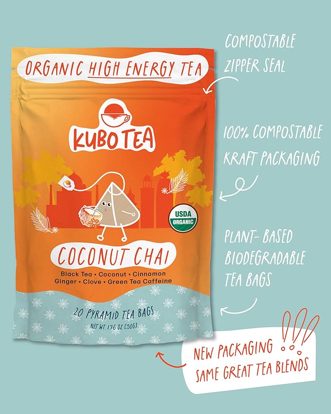 Kubo Tea, Coconut Chai Black Tea, Organic High Caffeine Blend, 20 Servings (155mg Caffeine each), Pyramid Tea Bags, Compostable & Biodegradable Packaging, Brew Hot or Iced, Healthy Coffee Substitute - Bloomnest