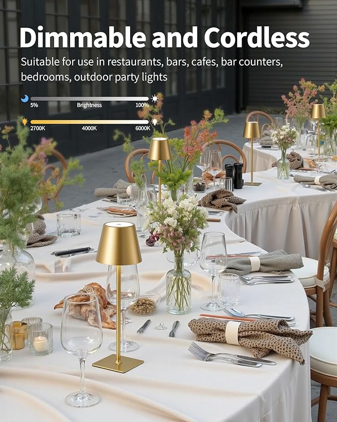 KDG 2 Pack Cordless Table Lamp, Portable LED Desk Lamps, 5000mAh Battery Operated, 3 Color Stepless Dimming Up, for Restaurant, Bedroom, Outdoor Camping, Coffee Shop, Night Light, Rechargeable (Gold) - Bloomnest