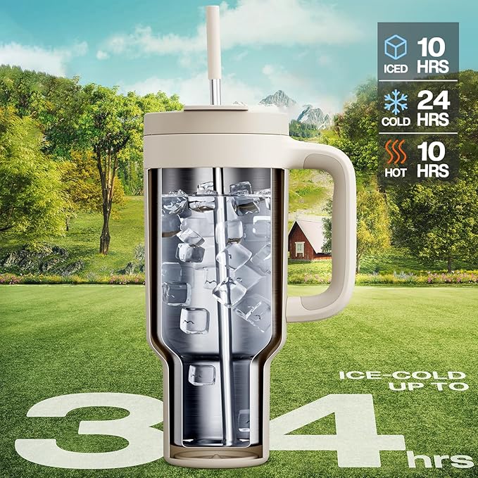 POWCAN 40 oz Tumbler with Handle, 2-in-1 Straw and Sip Lid, Leakproof, Dishwasher Safe, Insulated Stainless Steel Travel Coffee Mug, Keeps Cold for 34 Hours, Fits in Car Cup Holder (Oat) - Bloomnest