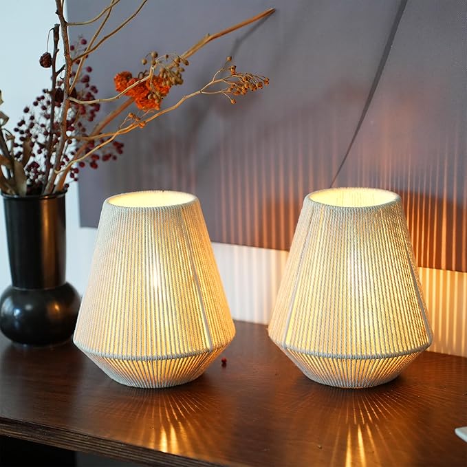 JHY DESIGN Set of 2 Woven Lampshade Table Lamps 8" H Cotton Rope Bedside Light‌s Cordless Decorative Battery Operated Lamps with 6 Hours Timer for Bedroom Living Room Home Parties Patio Events - Bloomnest
