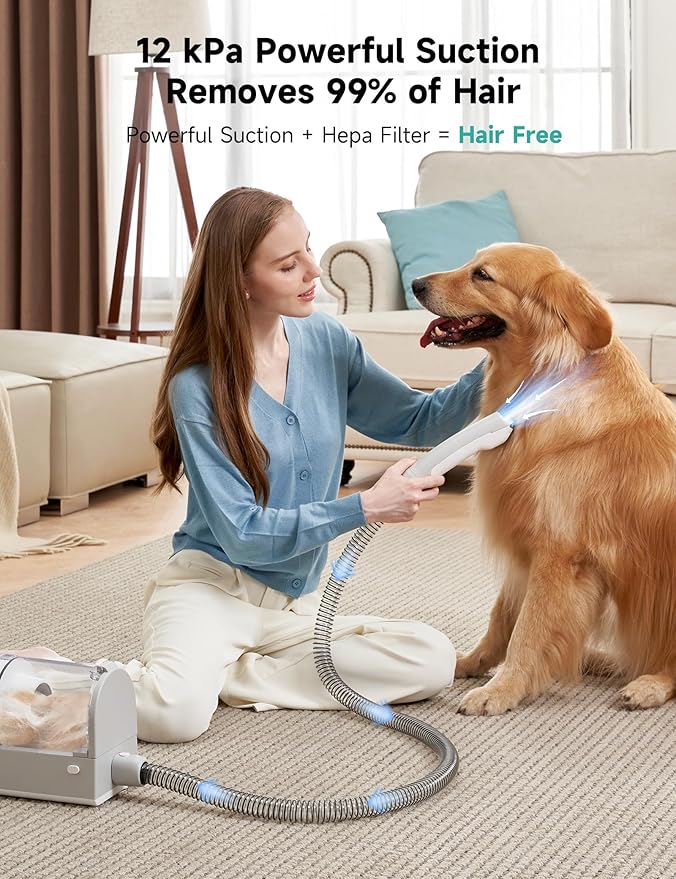 Hicozy S1+ Dog Grooming Vacuum, 12000Pa Minimum 50dB Quiet Dog Vacuum for Shedding Grooming with 2L Dust Cup, 6 Professional Pet Accessories with Clippers, Gray - Bloomnest