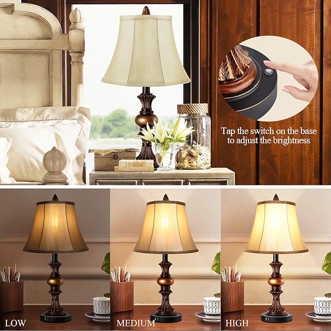 Touch Control Traditional Table Lamp Set of 2, Vintage Bedside Lamps with Dual USB Charging Ports, 3-Way Dimmable Bronze Finish Desk Lamps with Bell Shape Faux Silk Shade for Living Room, Bedroom - Bloomnest