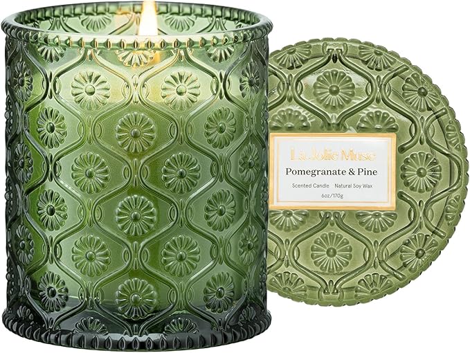 LA JOLIE MUSE Christmas Candles, Pine & Pomegranate Candle -Lemon, Pomegranate & Pine | 6 oz Natural Soy Wax | 40 Hours Clean Burn | Gift-Ready for Hosts, Gatherings | Elegant Home Décor - Bloomnest