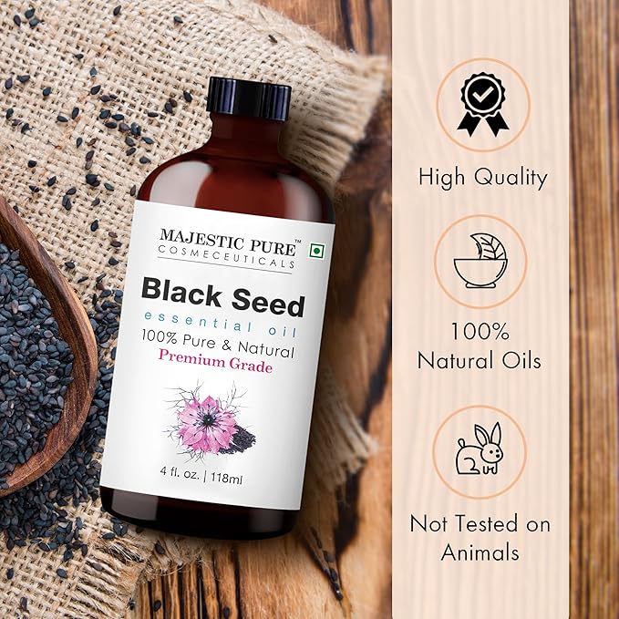 Majestic Pure Black Seed Essential Oil with Glass Dropper - Huge 4 Fl Oz - 100% Pure and Natural Black Pepper Oil - Premium Grade Essential Oils for Diffuser, Aromatherapy, Soap and Candle Making - Bloomnest