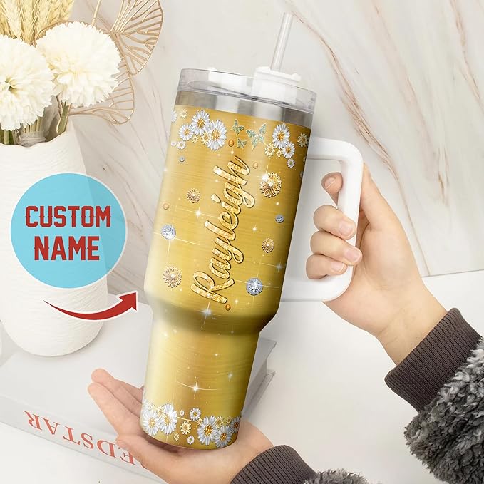 WAZONE Personalized Hippie Coffee Tumbler 40oz with Handle and Straw Custom Name Everything Is Gonna Be Alright Jewelry Style Stainless Steel Travel Mug Christmas Birthday Gift For Girls Women - Bloomnest