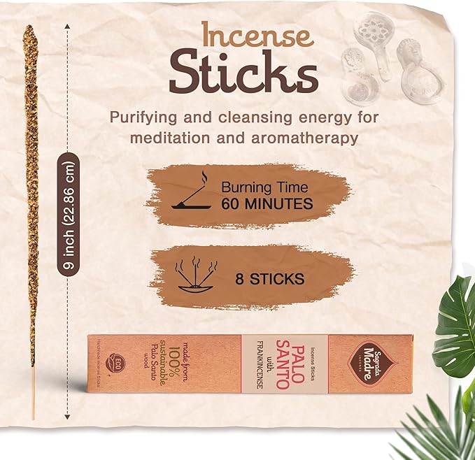 Sagrada Madre 8pcs Wildly Harvested Thick Palo Santo Incense Sticks (Frankincense), 9” Long - Eco Friendly, Non-Toxic, Aromatic Incense Sticks (1hr Burning Time) to Heal & Calm Your Body & Environment