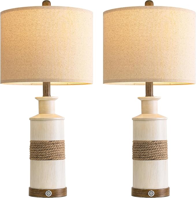 BOBOMOMO 24.5" Farmhouse Boho Table Lamps Set of 2, Hand-Woven Rattan Bedside Lamps with 3-Way Dimmable Touch Control & USB A+C Ports, Nightstand Lamp for Bedroom, Living Room, Corner (Bulbs Included) - Bloomnest