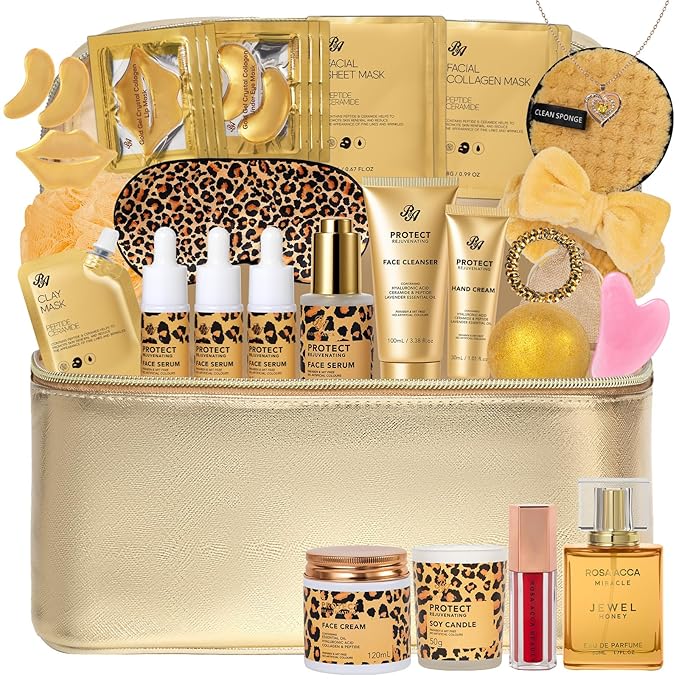 33 Pcs Valentines Day Gifts for Women, Honey & Almond Skin Care Kit, Spa Bath & Body Gift Set, Face Sheet Mask, Lip Gloss, Cosmetic Bag, Necklace, Christmas, Anniversary, Birthday - Bloomnest