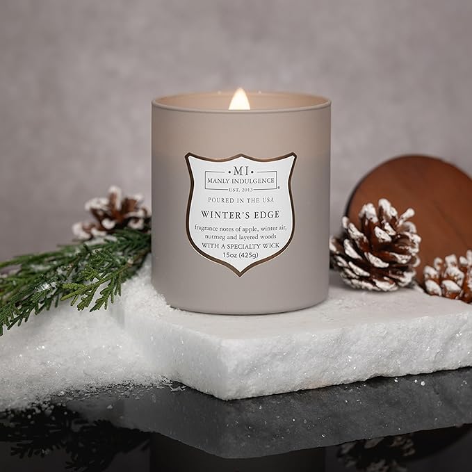 Manly Indulgence Winters Edge Scented Candles for Men, 15 oz Wooden Wick, Premium Soy Blend Wax, 60H Burn, Candles for Home Scented - Made in The USA - Bloomnest