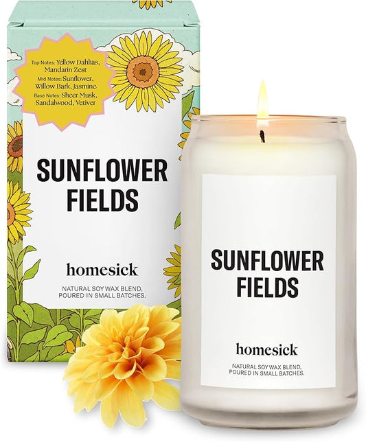 Homesick Scented Candles for Home (Sunflower Fields) - 13.75 oz Long-Lasting Natural Soy Wax Blend Jar Candle Gifts for Women & Men, 60-80 Hours Burn Time - Notes of Grass, Lemon & Lime - Bloomnest